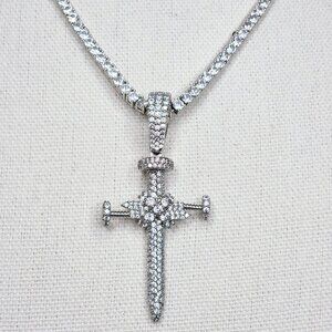 Nail Cross Pendant Tennis Necklace – Clear Rhinestones, Religious Jewelry